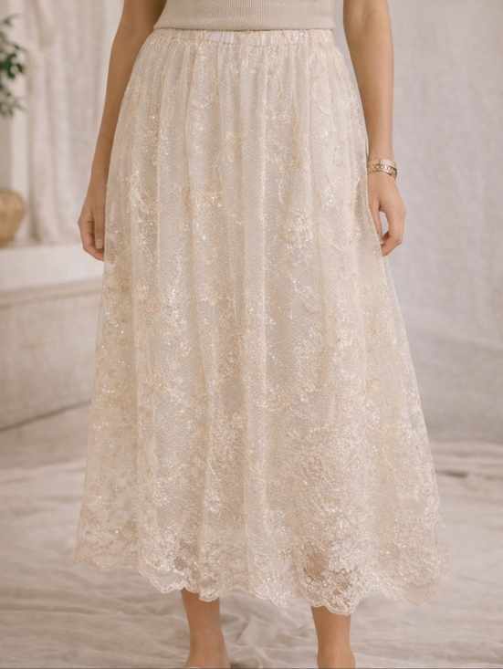 Dresses & Skirts - VINTAGE CREAM SEQUIN EMBROIDERED LACE MIDI SKIRT